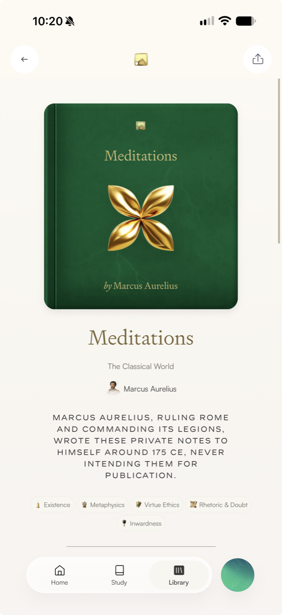 The Alexandria mobile app showing the Meditations book page by Marcus Aurelius.